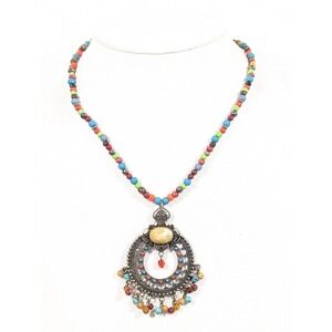 Boho Colorful Bead Medallion Pendant Necklace Cabochon Charm 16"